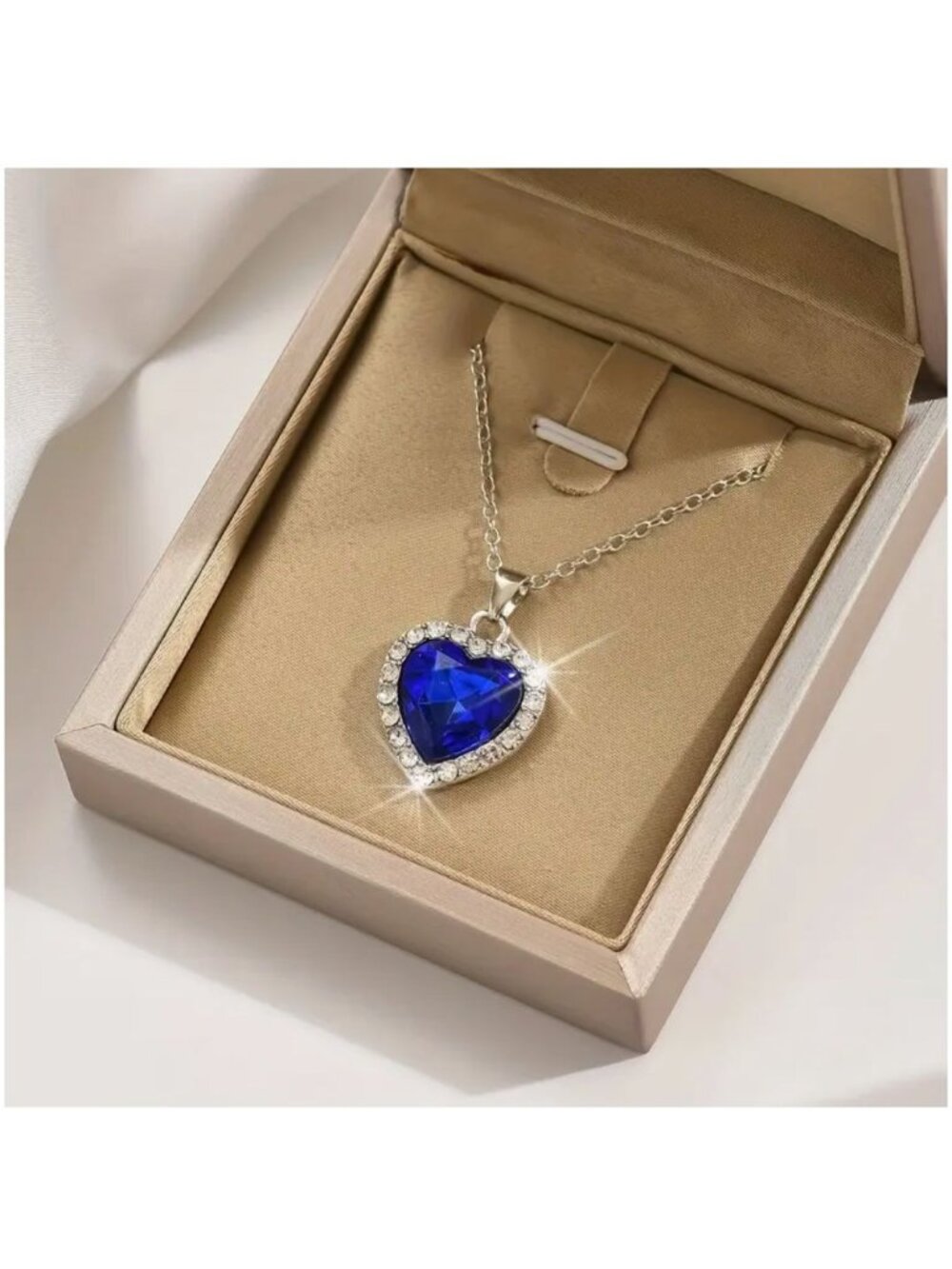 Heart-Shaped Bright Blue Crystal Pendant Necklace With Rhinestones & Silver Tone - Picture 2 of 3